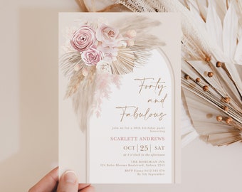 Boho 40e verjaardagsuitnodiging, veertig en fantastische feestuitnodiging, roze bloemen beige pampa's volwassen vrouw afdrukbare BEWERKBARE SJABLOON, FLO6