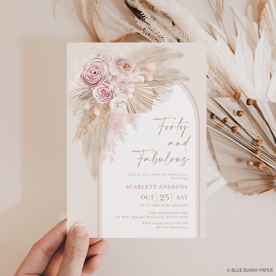 Boho 40th Birthday Invitation, Forty and Fabulous Party Invite, Pink Floral Beige Pampas Adult Woman Printable EDITABLE TEMPLATE, FLO6 Il_570xn
