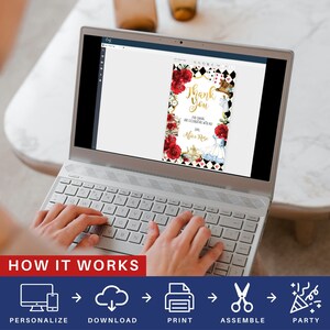 May include: A laptop screen displaying a printable Alice in Wonderland themed thank you card with red roses, playing cards, and a teacup. The text on the card reads "Thank You for coming and celebrating with me! Love, Alice Rose". Below the laptop is a graphic showing the steps to personalise, download, print, assemble, and party.