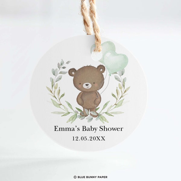 EDITABLE Teddy Bear Baby Shower Round Tag Template, Eucalyptus Wreath Birthday Party Favors, Greenery Bear 2" Cupcake Topper, BR1