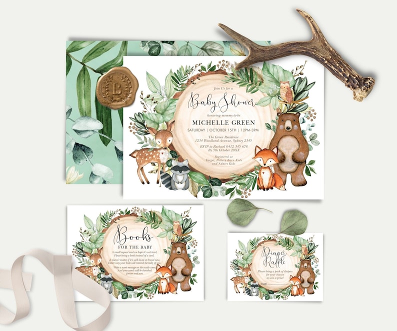 EDITABLE Greenery Woodland Baby Shower Invitation Bundle. Forest Animals Books for Baby Card. Diaper Raffle Printable Download. WOOD24