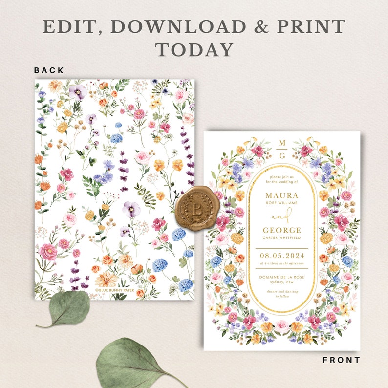Wildflower Wedding Invitation: Garden Flowers Spring Floral (Digital Download, 5x7 Editable Template) FLO2 image 5