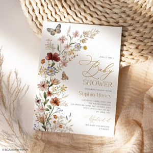 May include: A gold floral baby shower invitation with a butterfly and the text "Join us for a Baby Shower Honoring Mommy-to-be Sophia Henry Saturday April 10th 1:2PM The Wildflower Inn 124 Spring Blooms Ave Sydney 2243 RSVP Olivia 0412 345 667 by April 5th Registered it Bed Bath and Beyond & Target"