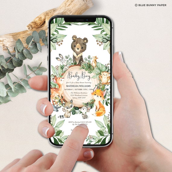 Greenery Woodland Animals Baby Shower Electronic Invitation, Botanical Forest Evite Template, Cute Digital Invite Instant Download, WOOD27 Il_570xn