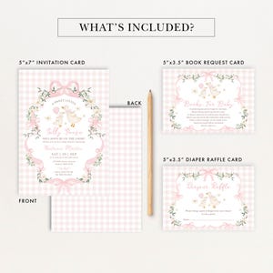 May include: A baby shower invitation suite with a pink gingham pattern. The set includes a 5"x7" invitation card, a 5"x3.5" book request card, and a 5"x3.5" diaper raffle card. Each card features floral and bow accents and the text "Silly Goose".
