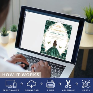 May include: A digital design for a Quincea&ntilde;era invitation featuring a green and gold color scheme. The invitation features a young woman in a green gown with a crown and butterflies. The text on the invitation reads "Quincea&ntilde;era" and "Aurora Grace".