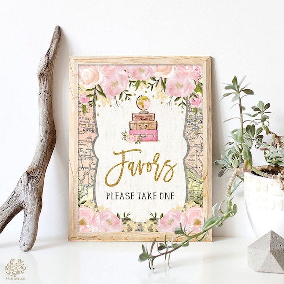 Blush Floral Suitcase Wedding Shower Favors Sign. Vintage Travel Bridal Printable Sign. Traveling World Map Bridal Shower Decoration. TRA1 Il_570xn