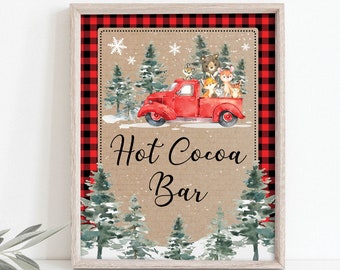 Wald Hot Cocoa Bar Schild, Winter Wald Tiere heiße Schokolade druckbare, Holzfäller Weihnachten Urlaub Party Tisch Schild Download, WINT1