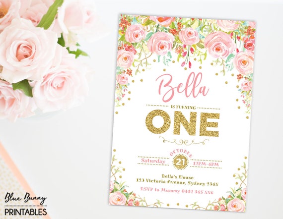 Pink & Gold Floral First Birthday Invitation. Boho Roses Party Invite. Garden Flower Tea Party Invitation. Princess Glitter Confetti. ROSE1 Il_570xn