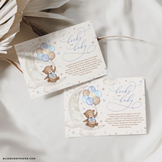 EDITABLE Teddy Bear Books for Baby Card Bear on Crescent Moon with