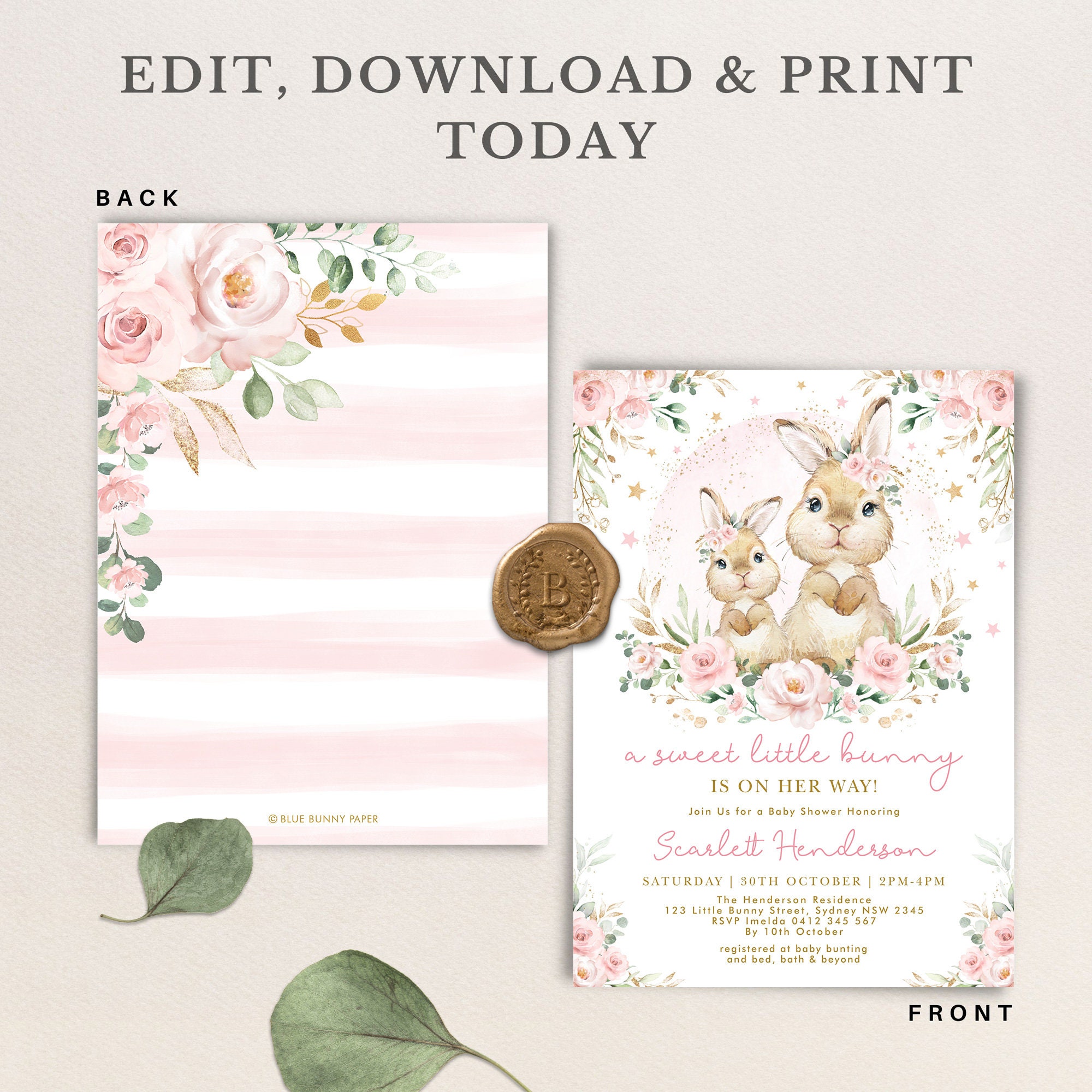 Pink Floral Bunny Baby Shower Invitation EDITABLE Baby Girl Rabbit ...