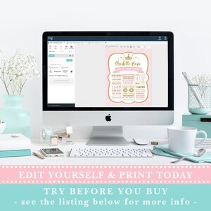 Pu&ograve; includere: Un poster stampabile per il primo compleanno rosa e oro con una corona e il testo "Charlelle Marie Il mio 1&deg; compleanno". Il poster include informazioni sull'et&agrave;, l'altezza, il peso, i cibi preferiti del bambino e altri traguardi.