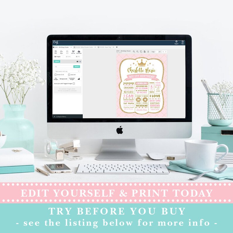 Pu&ograve; includere: Un poster stampabile per il primo compleanno rosa e oro con una corona e il testo "Charlelle Marie Il mio 1&deg; compleanno". Il poster include informazioni sull'et&agrave;, l'altezza, il peso, i cibi preferiti del bambino e altri traguardi.