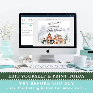 May include: Editable printable baby shower sign with a winter woodland theme. The sign features a watercolor illustration of a bear, fox, deer, raccoon, and penguin wearing winter hats and scarves. The text on the sign reads "Welcome to Catherine's Baby Shower".