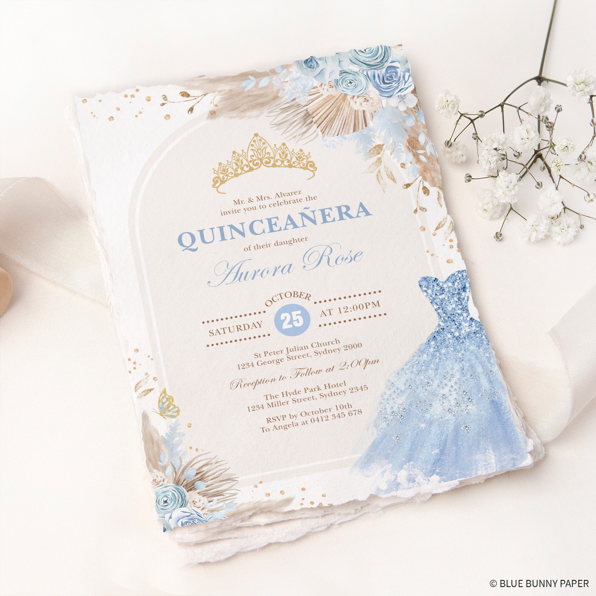 Boho Baby Blue Quinceañera Invitation Template Pastel Blue Etsy