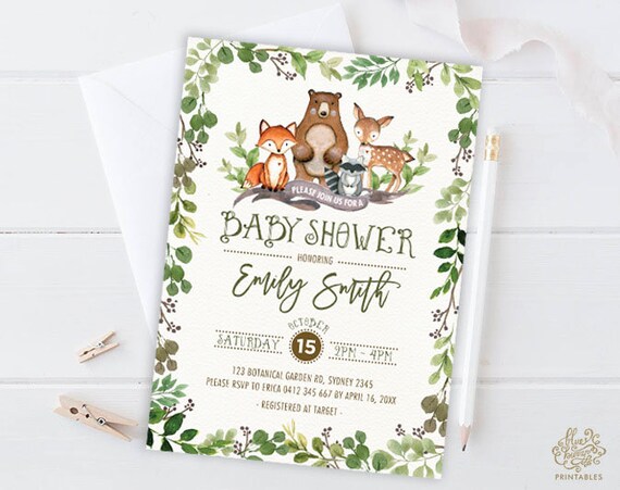 Greenery Woodland Baby Shower Invitation. Green Baby Shower Invite. Gender Neutral Forest Foliage Baby Deer Fox Bear Raccoon. BOT5 Il_570xn