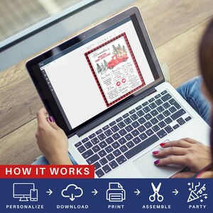 May include: A digital printable for a winter-themed first birthday party. The design features a red truck with a Christmas tree and a list of things the child can do. The text reads "Alexander's Winter One-derland".
