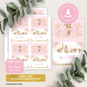 Puede incluir: Etiquetas de regalo de fiesta de dinosaurio imprimibles en rosa y dorado con un dise&ntilde;o floral. Las etiquetas tienen el texto "Your Text Here".