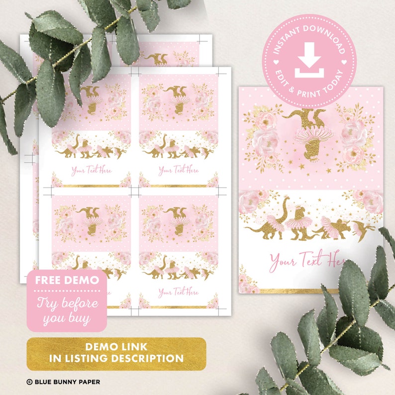 Puede incluir: Etiquetas de regalo de fiesta de dinosaurio imprimibles en rosa y dorado con un dise&ntilde;o floral. Las etiquetas tienen el texto "Your Text Here".