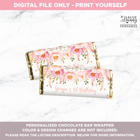 Boho Dreamcatcher Chocolate Bar Wrapper / Pink and Gold Candy Bar Wrapper Floral Birthday Party Favors Watercolor Flower Printables. FLO12A Il_570xn