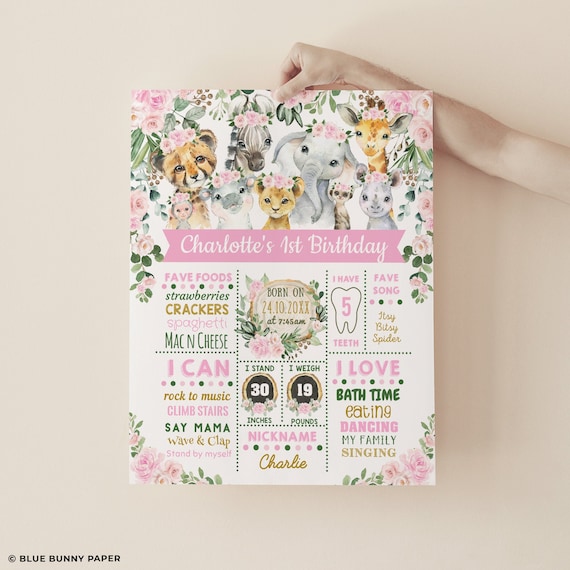 Wild One Milestone Board, Girl Safari 1st Birthday Sign, Pink Floral Jungle Animals Chalkboard Poster Printable, EDITABLE TEMPLATE, JUN16 Il_570xn