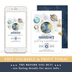 May include: Editable invitation for a first birthday party with a space theme. The invitation features a blue and gold watercolor illustration of planets and stars. The text on the invitation reads "Join us as we celebrate Harrison's first trip around the sun. Saturday, October 30, 12PM-2PM. Harrison's House, 125 Space Galaxy St, Sydney NSW 2545. RSVP Emily 0412 456 456 by 5th October."