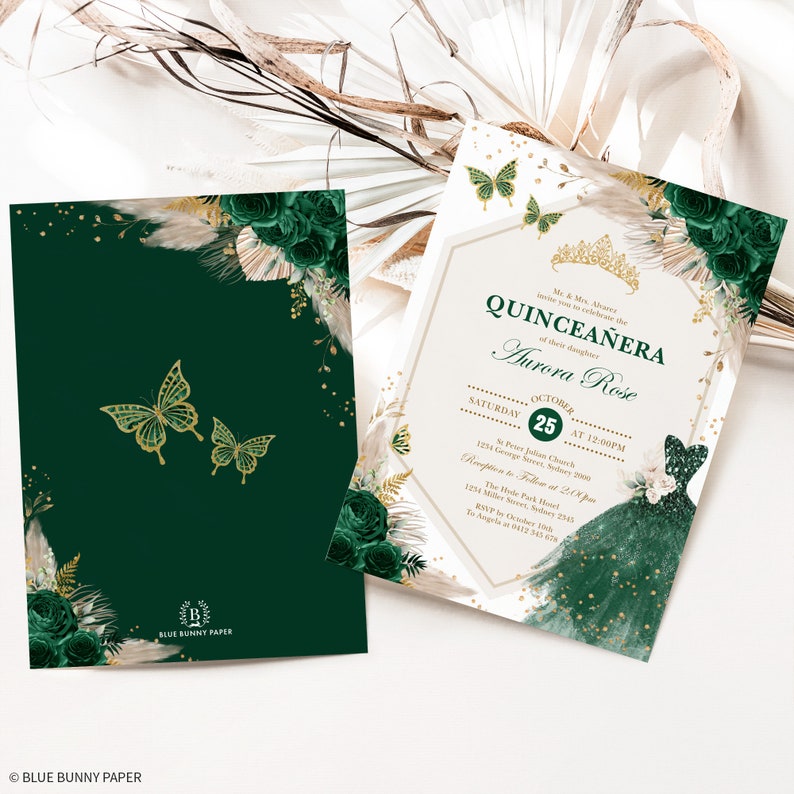 May include: Green and gold Quincea&ntilde;era invitation with a butterfly design. The invitation features a gold crown, a green dress, and the text "Quincea&ntilde;era Aurora Rose".
