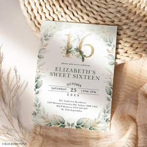 Grün Gold Sweet 16 Geburtstag Einladung Sweet Sixteen Party Invite 16. Geburtstag Botanischer Garten EDITIERBARE VORLAGE Download, BOT12