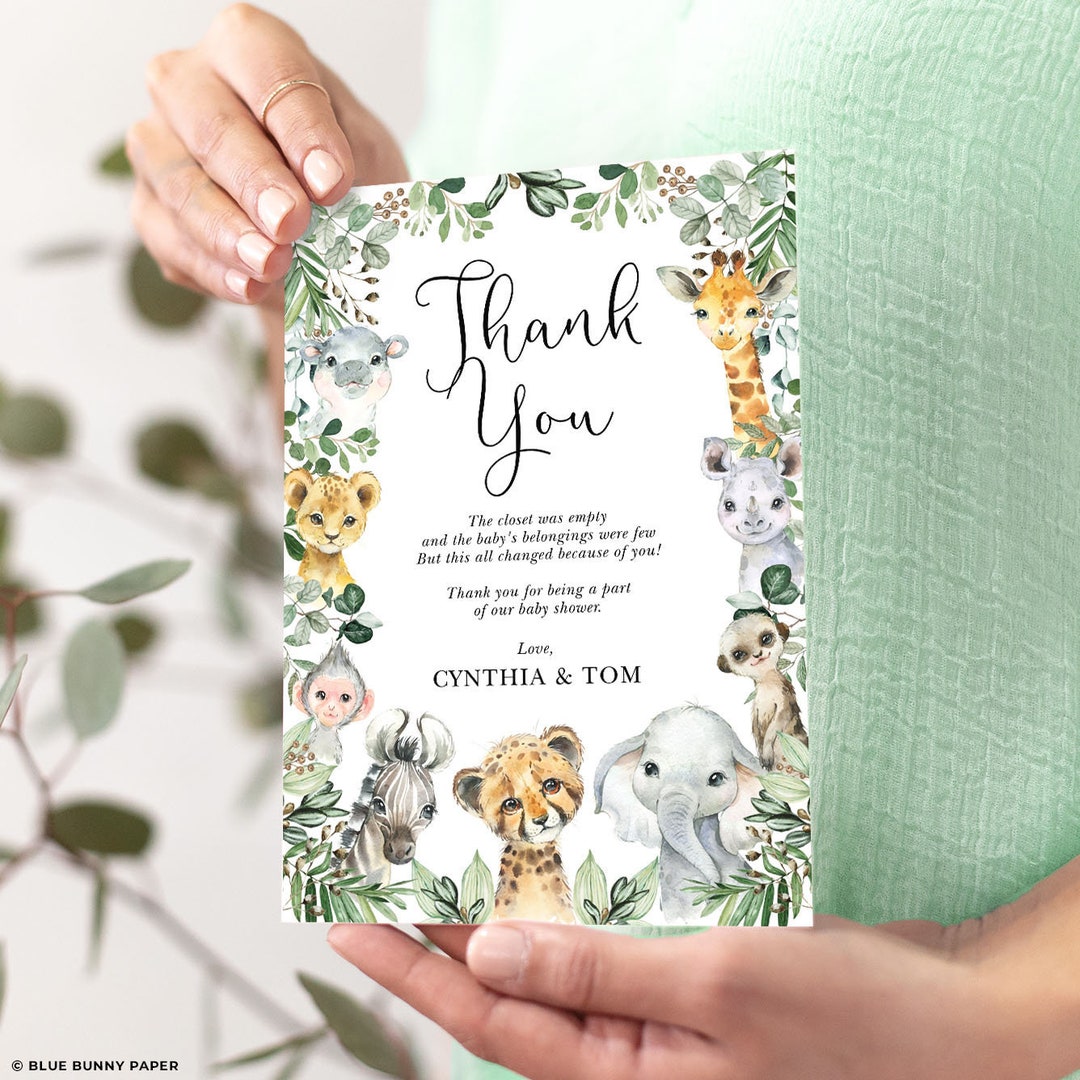 EDITABLE Jungle Baby Shower Thank You Card Template, Greenery Safari