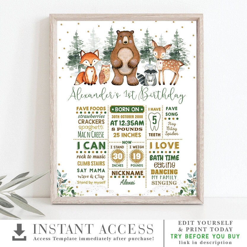 Botanical Woodland Birthday Milestone Poster. Greenery Forest Animals 1st Birthday Chalkboard Printable Sign EDITABLE TEMPLATE. WOOD14