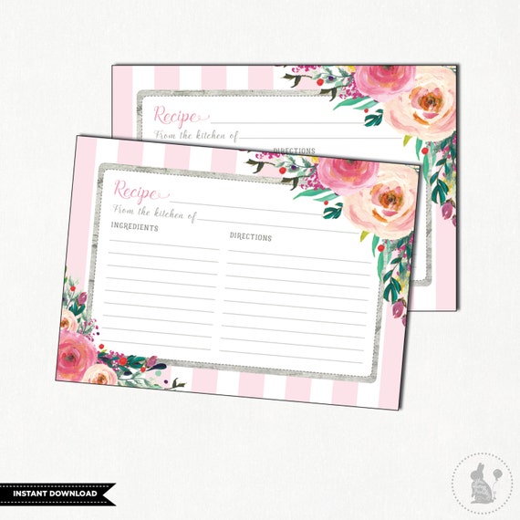 Floral Recipe Card. Bridal Shower Recipe Card. Flower Printable Recipe Card. Roses. Kitchen Tea. High Tea. Pink and Gray Stripes. SUB4 Il_570xn