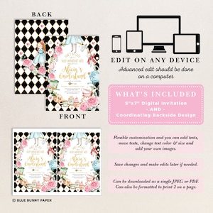 Puede incluir: Invitaci&oacute;n tem&aacute;tica de Alicia en el pa&iacute;s de las maravillas con un dise&ntilde;o frontal y posterior. La parte frontal presenta a Alicia, rosas y tazas de t&eacute;. La parte posterior tiene un patr&oacute;n de diamantes en blanco y negro. La invitaci&oacute;n mide 12,7 cm x 17,8 cm.