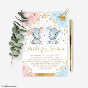 Twin Elephant Bring a Book Card. Twins Baby Shower Books for Baby Printable. Pink Blue Gold Floral Gender Reveal INSTANT DOWNLOAD, EL6