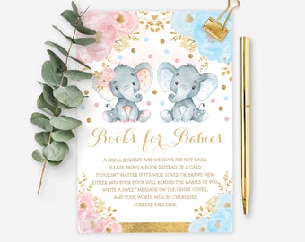 Twin Elephant Bring a Book Card. Twins Baby Shower Books for Baby Printable. Pink Blue Gold Floral Gender Reveal INSTANT DOWNLOAD, EL6