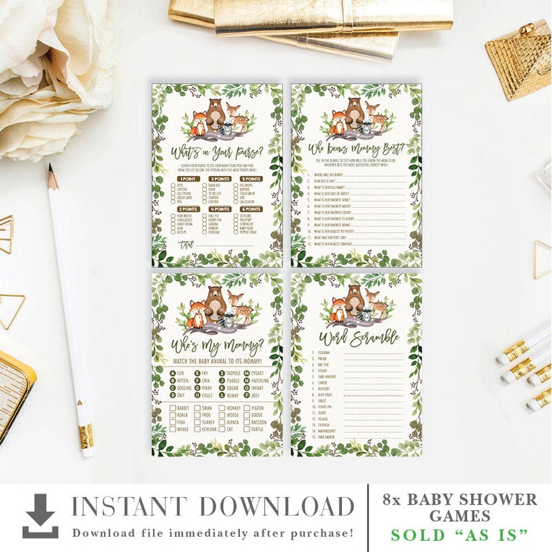 Cute Woodland Animals Baby Shower Games Package. Greenery Forest Botanical Shower Printable. Downloadable Games. INSTANT DOWNLOAD. BOT5 image 3