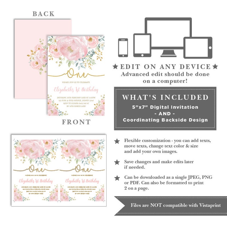 Pu&ograve; includere: Un invito digitale per un primo compleanno. L'invito presenta un design floreale rosa e oro con il testo "Elizabeth's 1st Birthday". L'invito misura 12,7 x 17,8 cm e include un design posteriore coordinato.