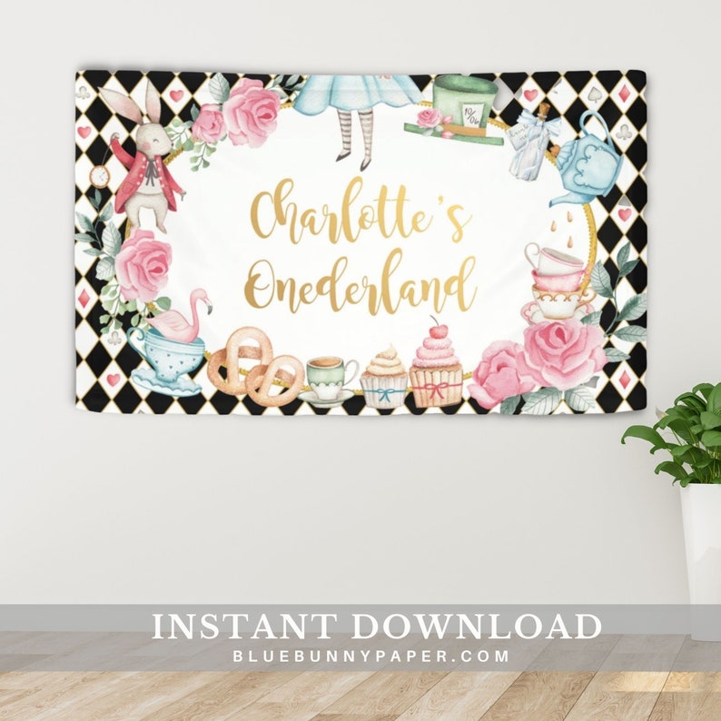 Alice in Wonderland 1st Birthday Backdrop Banner, Mad Hatter Tea Party Table Sign, Alice in Onederland EDITABLE TEMPLATE Download, AL1 image 1