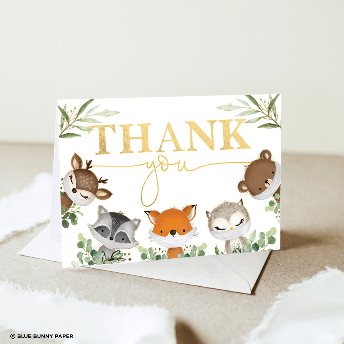Quarantine Birthday Folded Thank You Card, Woodland Animals Baby Shower Printable, Greenery Gold Favors, Instant Download, WOOD37