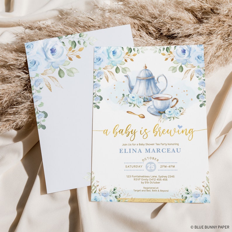 Boy Baby Shower Tea Party Invitation, Baby is Brewing Baby Brunch Invite, Blue Gold Floral Par-Tea Printable Editable Template, FLO43 image 8