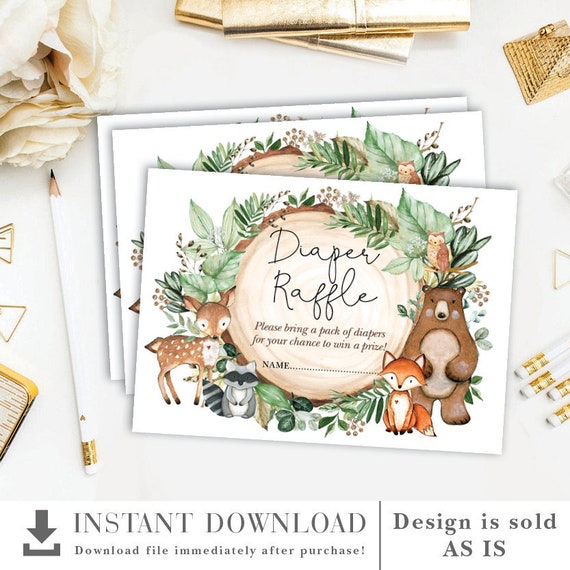 Greenery Woodland Diaper Raffle Printable. Cute Forest Animals Baby Shower Invitation Insert. Deer Fox Bear Owl INSTANT DOWNLOAD. WOOD24 Il_570xn