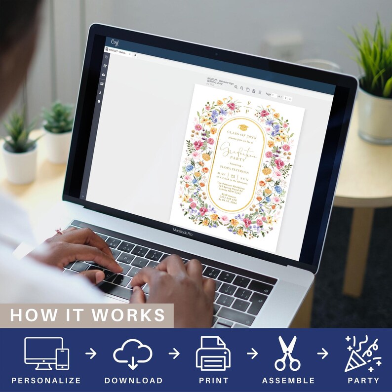 May include: A laptop displaying a graduation party invitation template. The invitation features a floral design with a gold frame and text. The laptop screen shows the words "Graduation Party" and "Class of 2023". Below the laptop are icons and text that read "How it works".