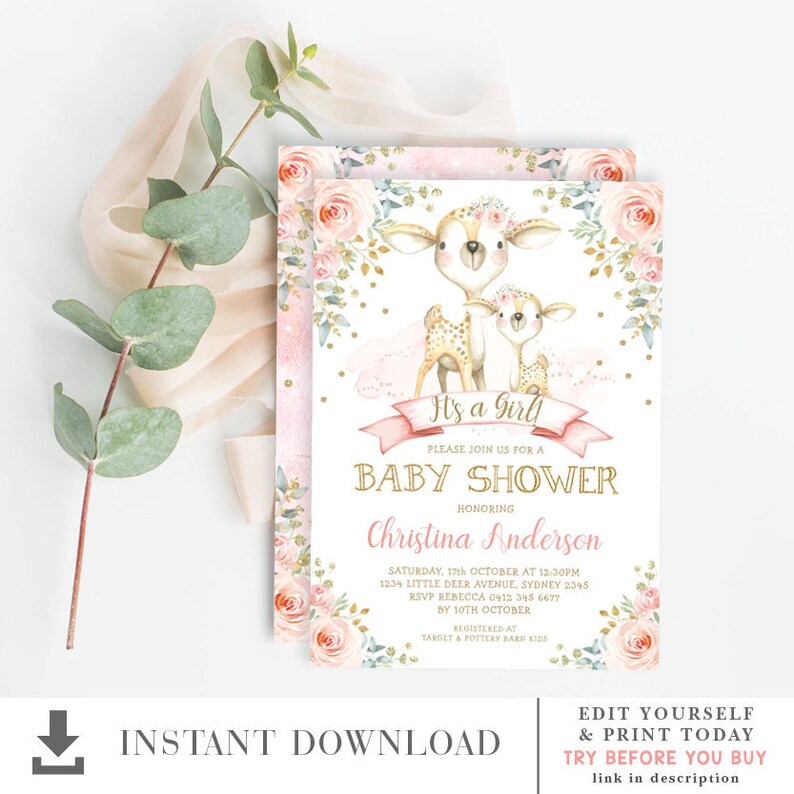 May include: Pink and gold baby shower invitation with a watercolor illustration of two deer. The text reads "It's a Girl" and "Please join us for a Baby Shower honoring Christina Anderson".