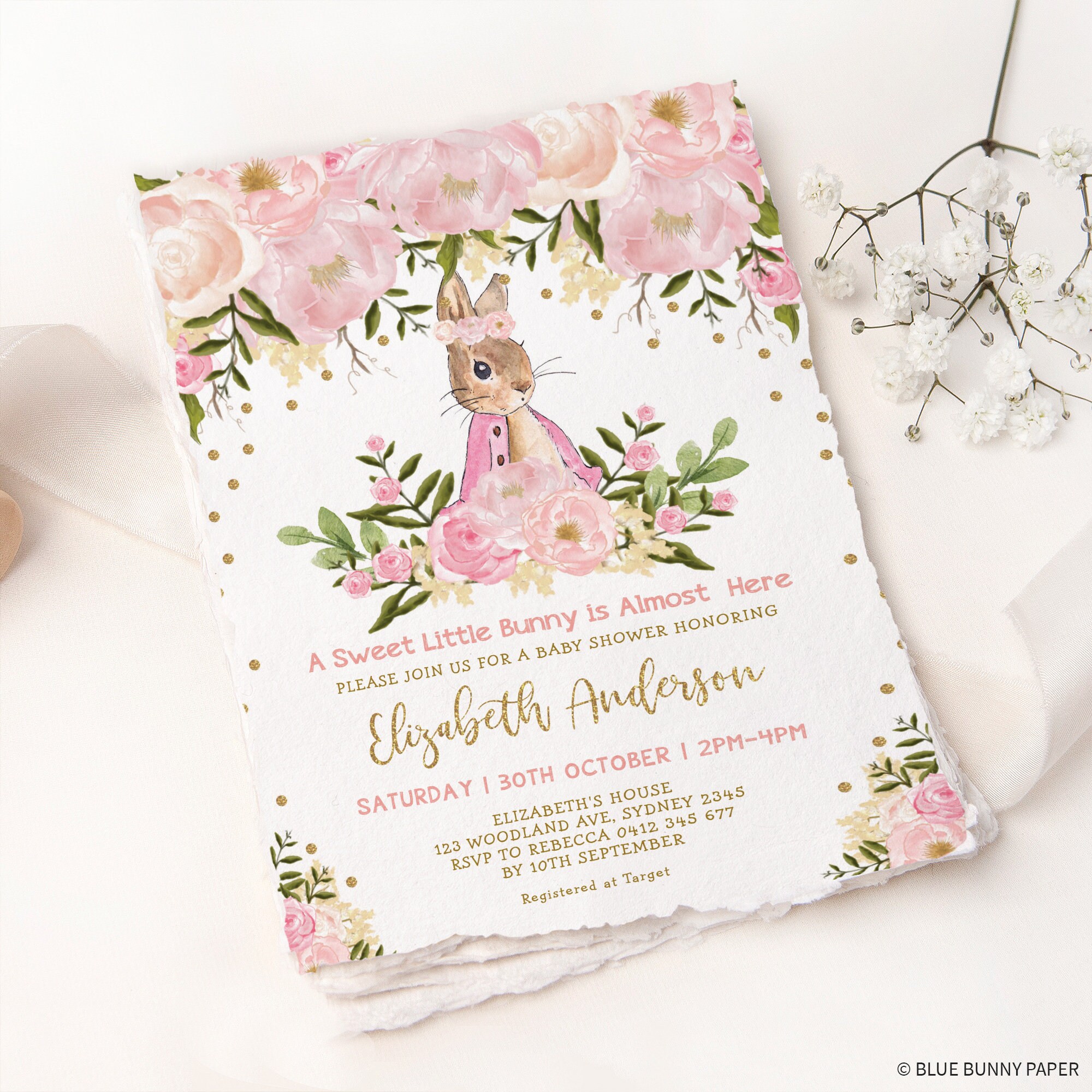 Girl Bunny Baby Shower Invitation, Rabbit Baby Girl Invite Printable ...