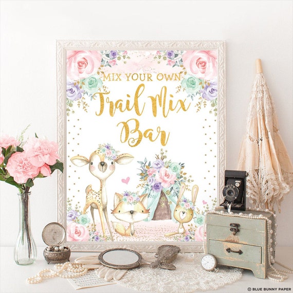 Woodland Trail Mix Bar Printable Sign Pink Purple Mint Forest Baby woodland-trail-mix-bar-printable-sign-pink-purple-mint-forest-baby