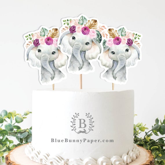 Floral Elephant Cake Topper, Jungle Animal Baby Shower Centrepiece, Large Cupcake Topper Table Decor Wild One Birthday Instant Download EL13 Il_570xn