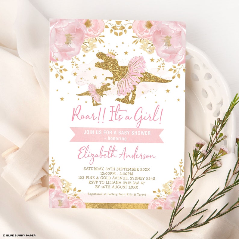 Girl Dinosaur Baby Shower Invitation Template, T-Rex Tutus and Tiaras, Pink Gold Flower Dinosaur Theme Party Invite, EDITABLE DOWNLOAD, DIN4 image 1