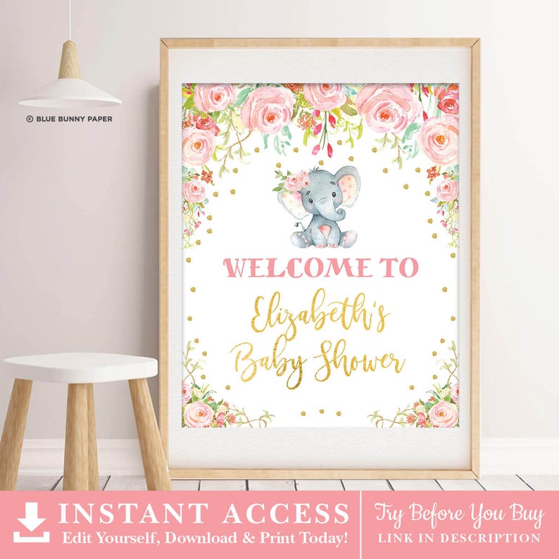 Girl Elephant Baby Shower Welcome Sign, Elephant Wild One 1st Birthday Decorations, Pink Gold Floral Little Peanut, EDITABLE TEMPLATE, ROSE2 image 3