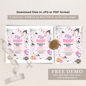 Peut inclure: Invitation d'anniversaire d'Halloween imprimable avec un adorable fant&ocirc;me portant un n&oelig;ud rose, un chapeau de sorci&egrave;re et un chaudron. L'invitation dit "Hey Boo!" et comprend le texte "Spooktacular Party" et "Addison's 1st Boo-day".