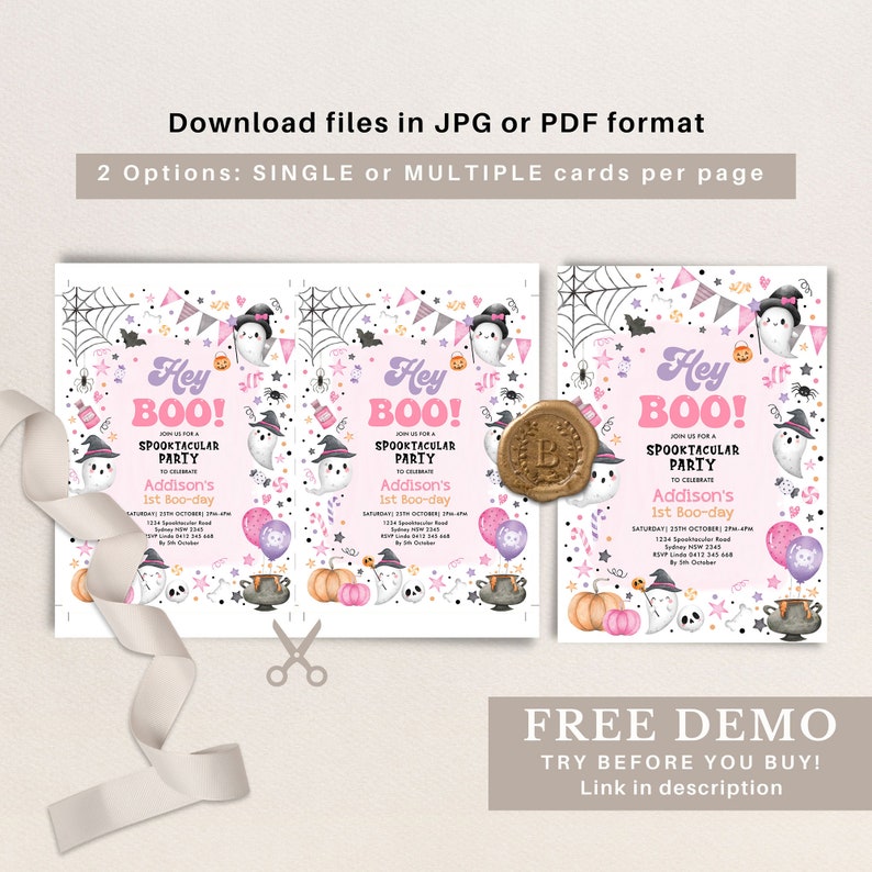 Peut inclure: Invitation d'anniversaire d'Halloween imprimable avec un adorable fant&ocirc;me portant un n&oelig;ud rose, un chapeau de sorci&egrave;re et un chaudron. L'invitation dit "Hey Boo!" et comprend le texte "Spooktacular Party" et "Addison's 1st Boo-day".