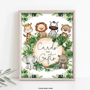 Safari Cartes et Cadeaux Signe, Décorations De Douche De Bébé Jungle, Animaux Sauvages Garçon 1er Anniversaire Tropical Verdure Party Decor Télécharger, SAF9